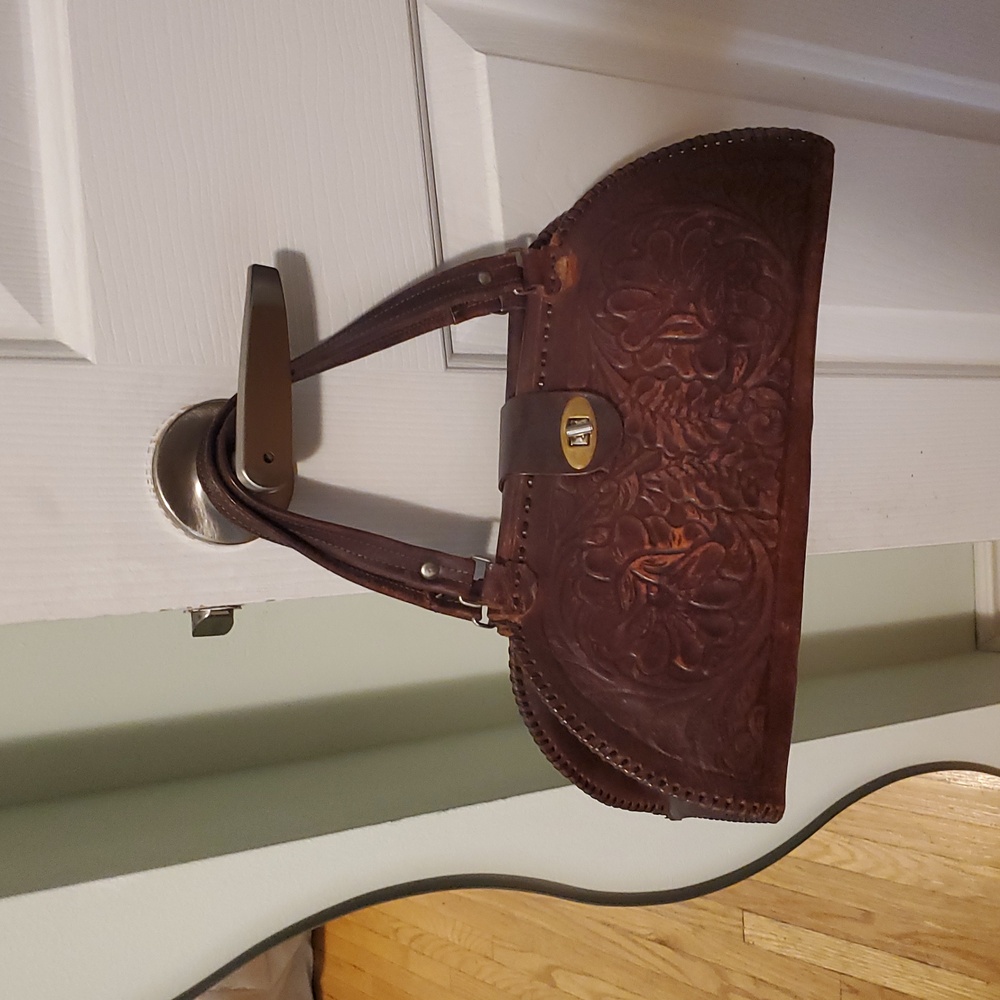 Brown Embossed Leather Handbag. Tooled Vintage Bag.